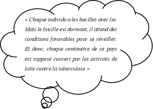 « Chaque individu a les bacilles avec lui. Mais le bacille est dormant, il attend des conditions favorables pour se réveiller. Et donc, chaque centimètre de ce pays est supposé couvert par les activités de lutte contre la tuberculose » 

