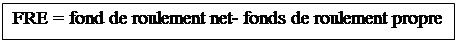 Zone de Texte: FRE = fond de roulement net- fonds de roulement propre
 propre
FRE = FRN – FRP

